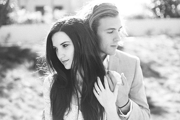 Black and white photo of an engaged couple